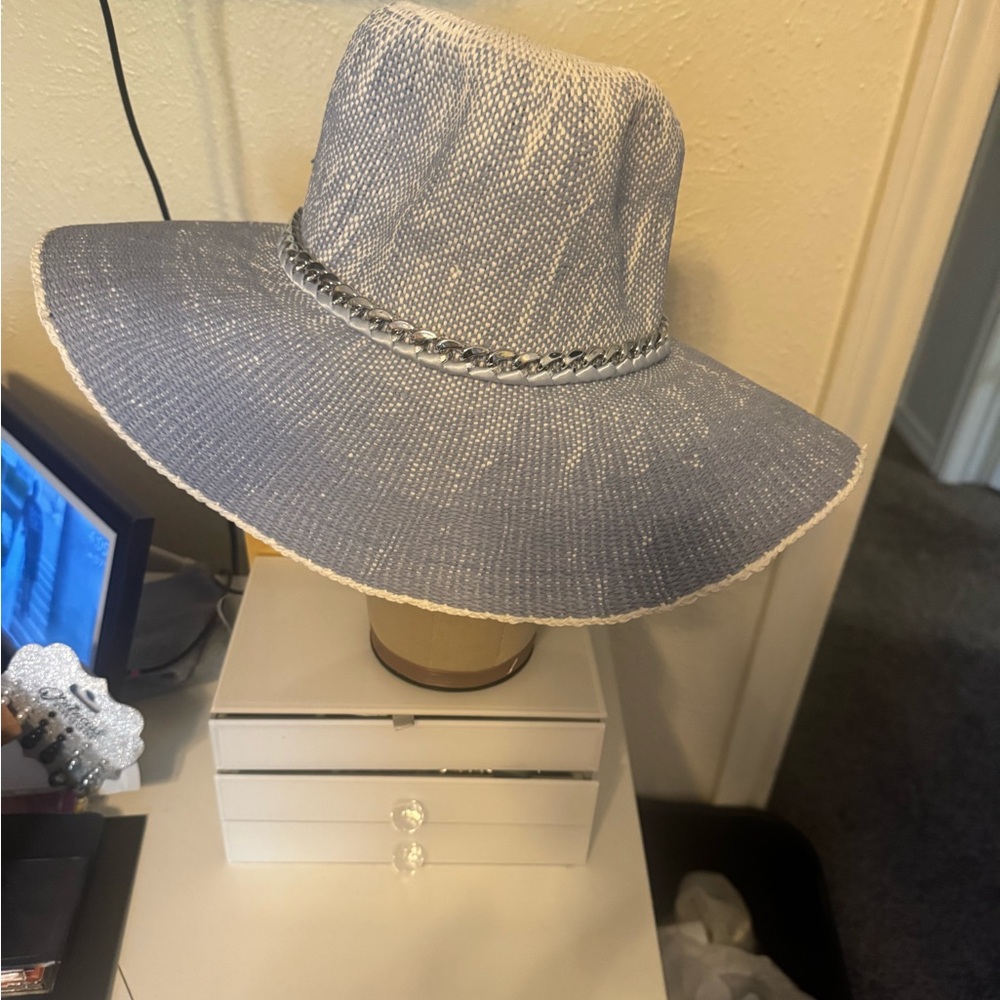 NEW Blue and Silver Wide-Brimmed Sun Hat with Textured Band